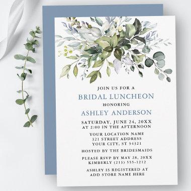 Watercolor Greenery Dusty Blue Bridal Luncheon Invitations