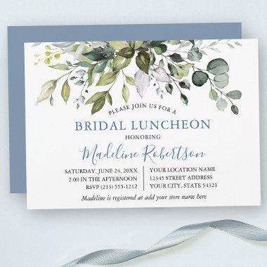 Watercolor Greenery Dusty Blue Bridal Luncheon Invitations