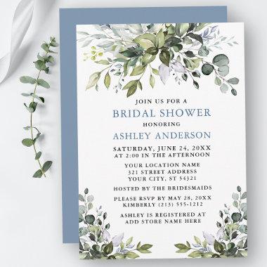 Watercolor Greenery Dusty Blue Bridal Shower Invitations