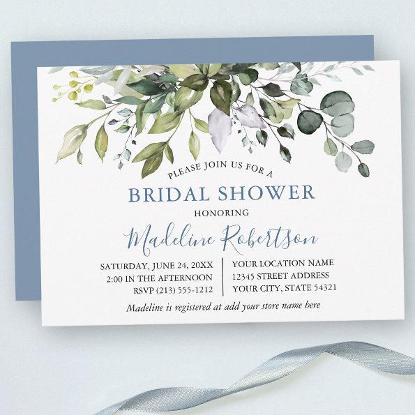 Watercolor Greenery Dusty Blue Bridal Shower Invitations