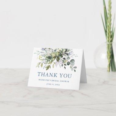 Watercolor Greenery Dusty Blue Bridal Shower Note Thank You Invitations