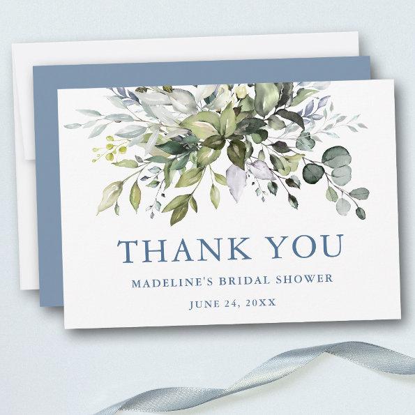 Watercolor Greenery Dusty Blue Bridal Shower Thank You Invitations