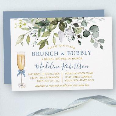 Watercolor Greenery Dusty Blue Gold Bridal Brunch Invitations