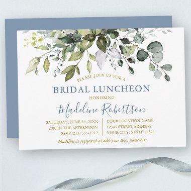 Watercolor Greenery Dusty Blue Gold Bridal Lunch Invitations