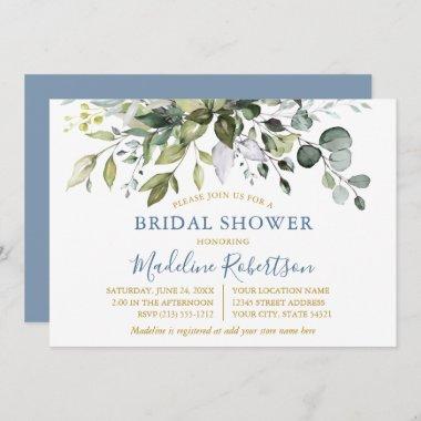 Watercolor Greenery Dusty Blue Gold Bridal Shower Invitations