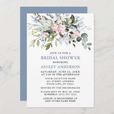 Watercolor Greenery Dusty Blue Pink Bridal Shower Invitations