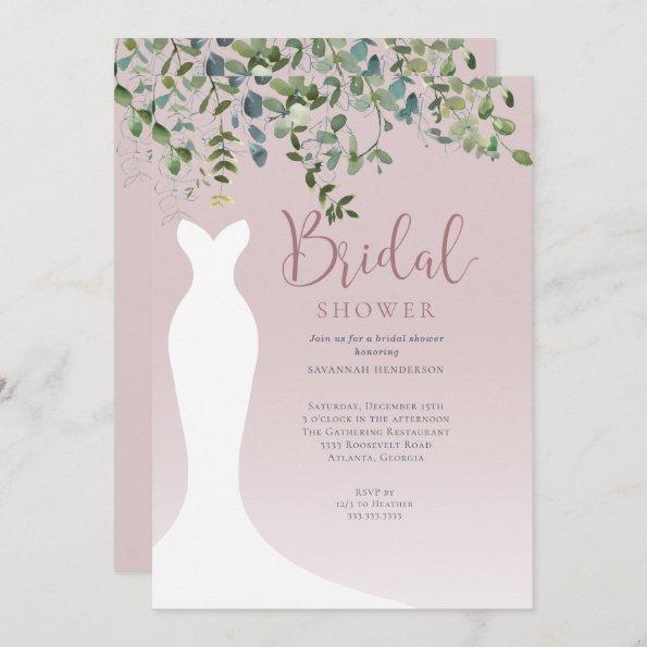 Watercolor Greenery Dusty Pink Bridal Shower Invitations