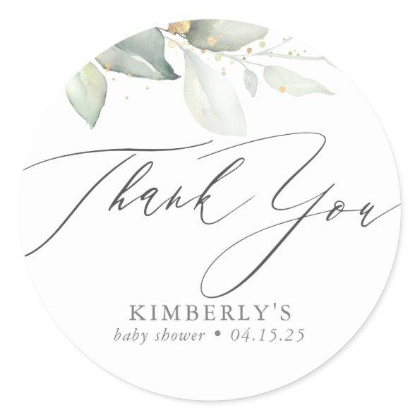 Watercolor Greenery Elegant Calligraphy Thank You Classic Round Sticker