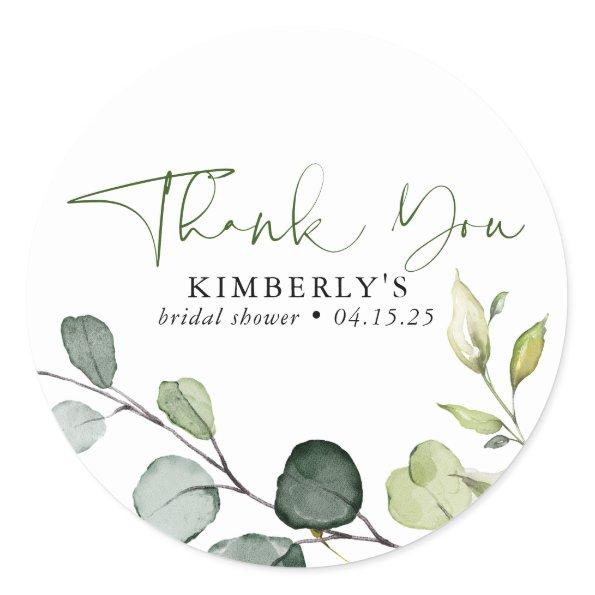 Watercolor Greenery Elegant Calligraphy Thank You Classic Round Sticker