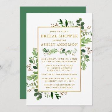 Watercolor Greenery Eucalyptus Bridal Shower Gold Invitations