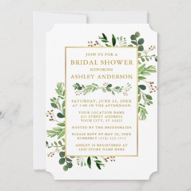 Watercolor Greenery Eucalyptus Gold Bridal Shower Invitations