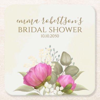 Watercolor Greenery Floral Elegant Bridal Shower Square Paper Coaster