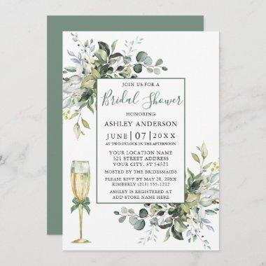 Watercolor Greenery Glass Shower Sage Green Invitations