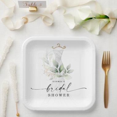 Watercolor Greenery Gold Bridal Shower Paper Plates
