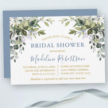 Watercolor Greenery Gold Dusty Blue Bridal Shower Invitations
