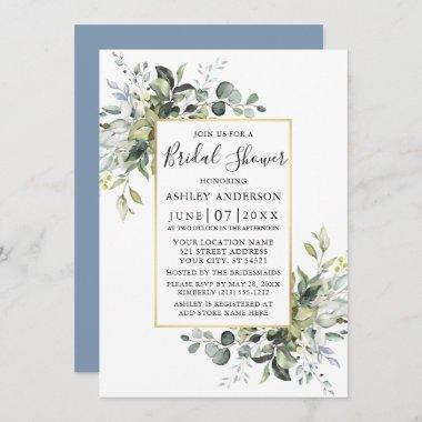 Watercolor Greenery Gold Dusty Blue Shower Invitations