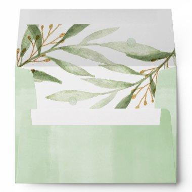 Watercolor greenery gold leaves envelopes Invitations