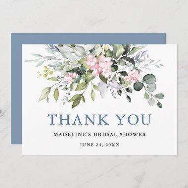Watercolor Greenery Pink Dusty Blue Bridal Shower Thank You Invitations
