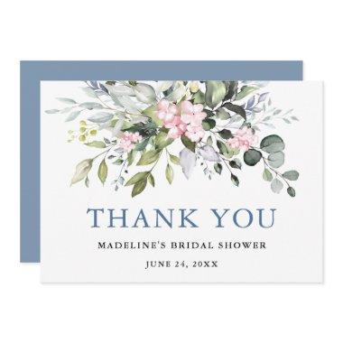 Watercolor Greenery Pink Dusty Blue Bridal Shower Thank You Invitations