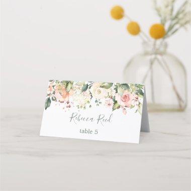 Watercolor greenery, pink roses Wedding table Place Invitations
