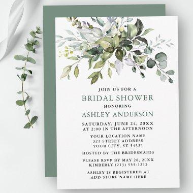 Watercolor Greenery Sage Green Bridal Shower Invitations