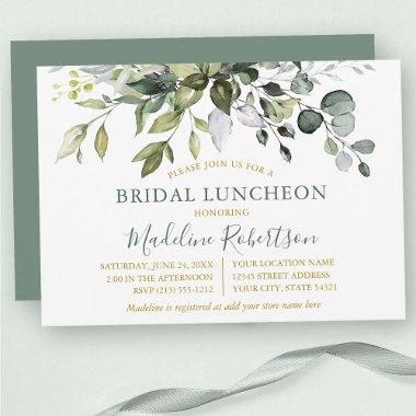 Watercolor Greenery Sage Green Gold Bridal Lunch Invitations