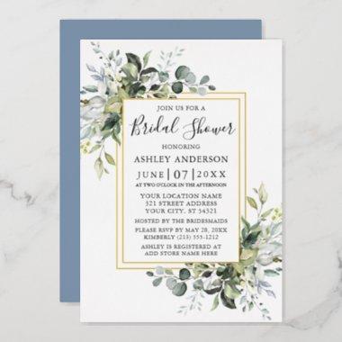 Watercolor Greenery Shower Dusty Blue 2 Frame Gold Foil Invitations