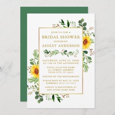 Watercolor Greenery Sunflowers Bridal Shower Gold Invitations