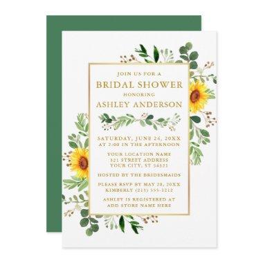 Watercolor Greenery Sunflowers Bridal Shower Gold Invitations