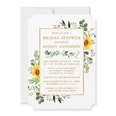 Watercolor Greenery Sunflowers Gold Bridal Shower Invitations