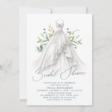 Watercolor Greenery Wedding Dress Bridal Shower Invitations