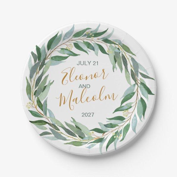Watercolor greenery wreath, eucalyptus Wedding Paper Plates