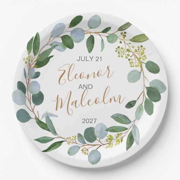 Watercolor greenery wreath, eucalyptus Wedding Paper Plates