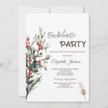Watercolor Holly Berry Greenery Bachelorette  Invitations