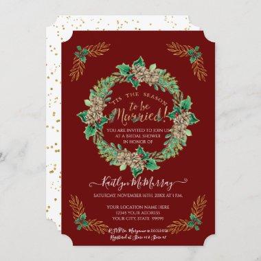 Watercolor Holly Wreath Gold Glitter Bridal Shower Invitations