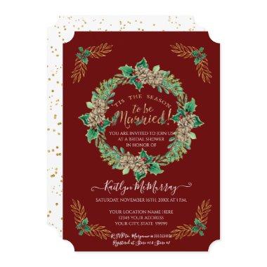 Watercolor Holly Wreath Gold Glitter Bridal Shower Invitations