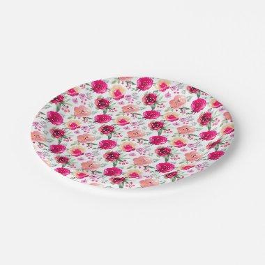 Watercolor Hot Pink Floral Paper Plates