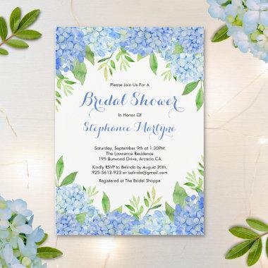 Watercolor Hydrangea Blue Floral Bridal Shower Invitations
