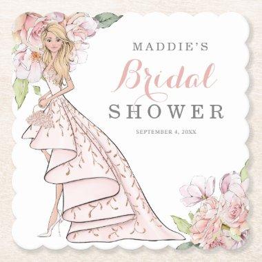 Watercolor Illustrated Bride Bridal Shower Square Paper Coaster