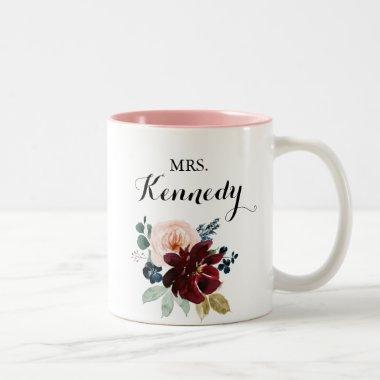 Watercolor Illustrated Fall Mrs Newlywed Bride Two-Tone Coffee Mug