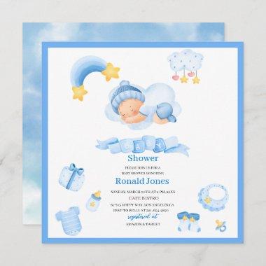Watercolor it is boy blue Boho Nursery Baby Showe Invitations