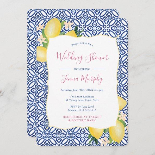 Watercolor Italian Lemons Blue Tile Wedding Shower Invitations