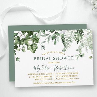 Watercolor Ivy Ferns Sage Green Gold Bridal Shower Invitations