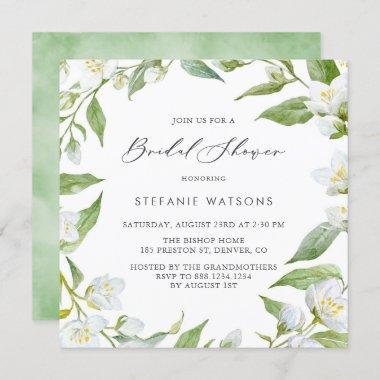 Watercolor Jasmine and Greenery Bridal Shower Invitations