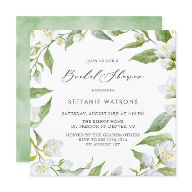 Watercolor Jasmine and Greenery Bridal Shower Invitations