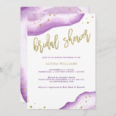 Watercolor Lavender and Gold Geode Bridal Shower Invitations