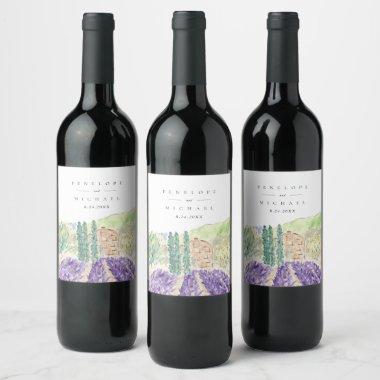 Watercolor Lavender Fields Wedding Wine Label