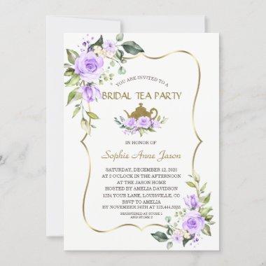 Watercolor Lavender Flowers Gold Bridal Tea Party Invitations