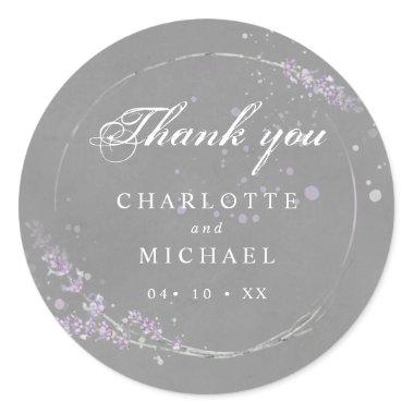 Watercolor lavender flowers gray wedding thank you classic round sticker