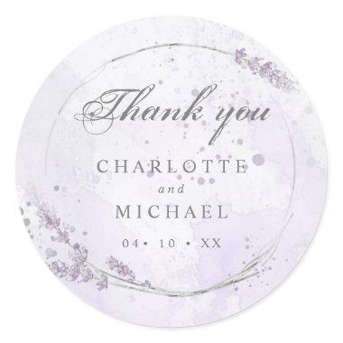 Watercolor lavender flowers wedding thank you classic round sticker